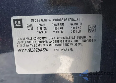 2015 Chevrolet Impala 1Lt из США, поврежденный, VIN 2G1115SL5F9244224